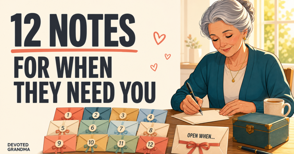 Illustrated grandmother writing at a sunny kitchen table beside twelve ribbon-tied envelopes, with the headline “12 Notes for When They Need You” and the Devote