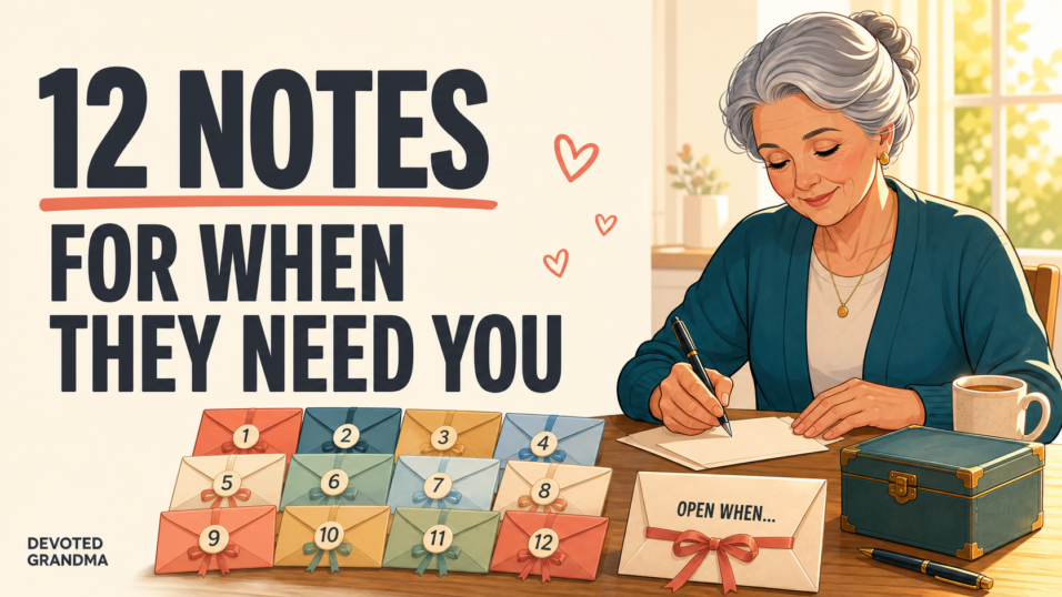 Illustrated grandmother writing at a sunny kitchen table beside twelve ribbon-tied envelopes, with the headline “12 Notes for When They Need You” and the Devote