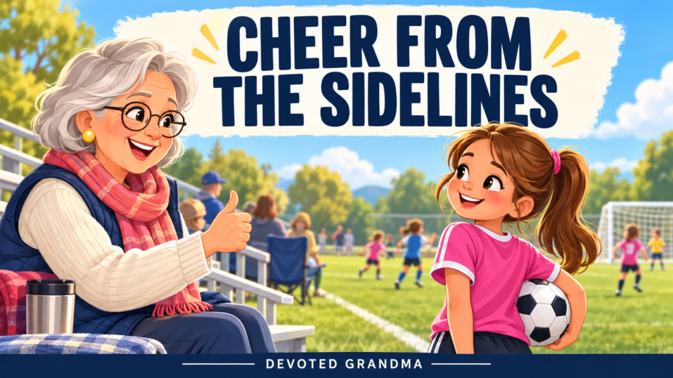 Illustration of a grandmother giving her granddaughter a gentle thumbs-up from the sidelines of a youth soccer game beneath the headline “10 Ways to Cheer Her”