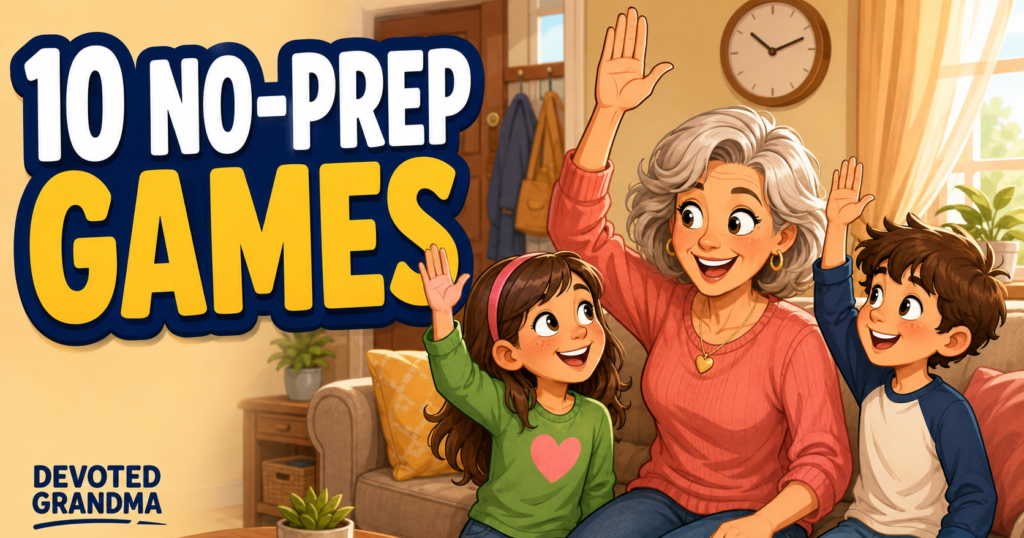 Grandmother and two grandkids happily mirror a raised-hand gesture in a sunny living room beneath the headline “10 No-Prep Games.”