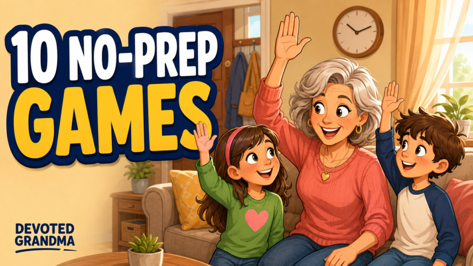 Grandmother and two grandkids happily mirror a raised-hand gesture in a sunny living room beneath the headline “10 No-Prep Games.”