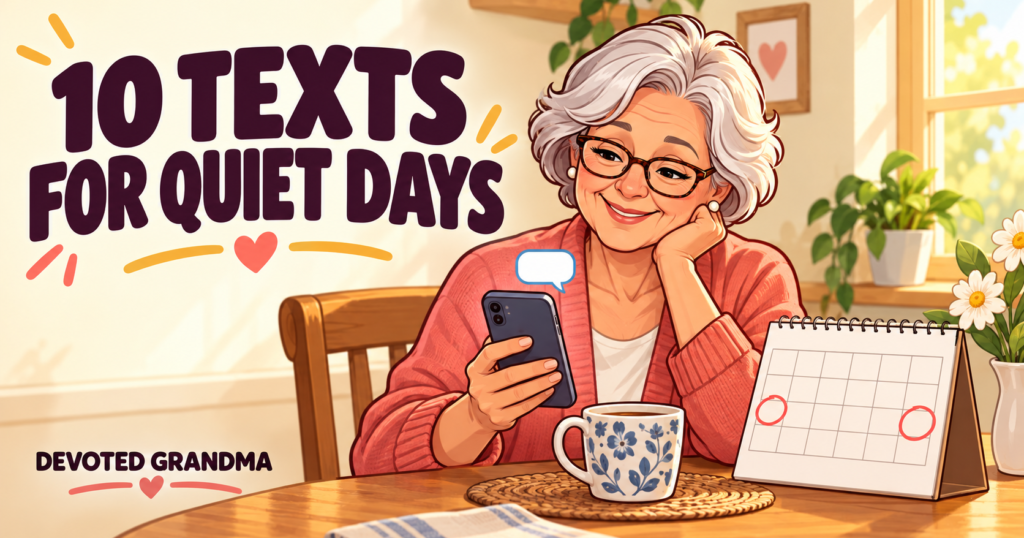 Grandmother smiling at her phone beside a calendar with open days between two circled calls, under the headline “10 Texts for Quiet Days.”