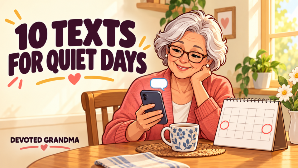 Grandmother smiling at her phone beside a calendar with open days between two circled calls, under the headline “10 Texts for Quiet Days.”