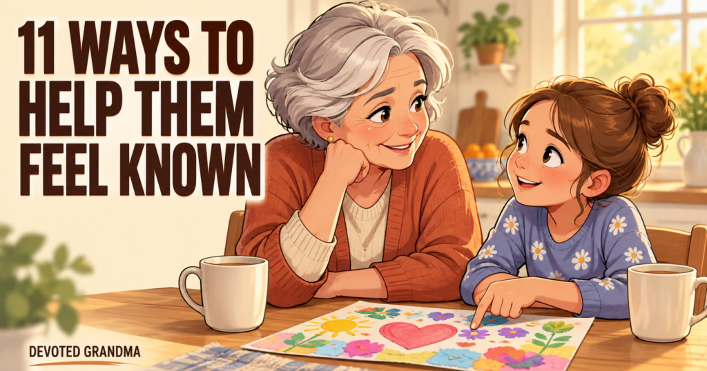 Grandmother listens warmly as her granddaughter shares a colorful handmade project, beside the headline “11 WAYS TO HELP THEM FEEL KNOWN.”