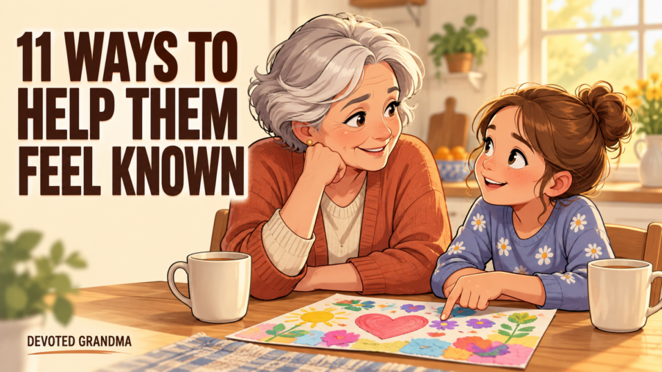 Grandmother listens warmly as her granddaughter shares a colorful handmade project, beside the headline “11 WAYS TO HELP THEM FEEL KNOWN.”
