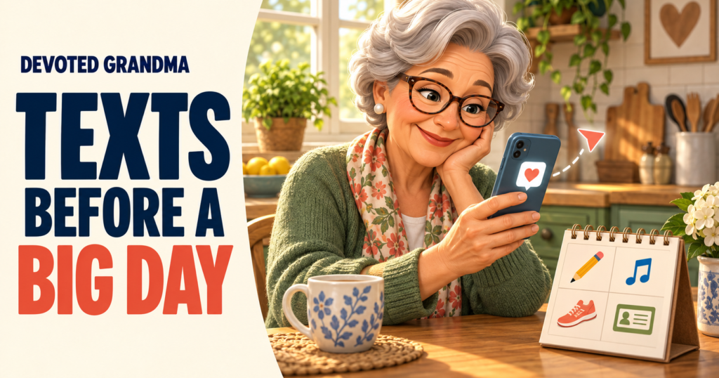 Grandmother thoughtfully preparing a supportive phone message beside a calendar, with the headline “12 Texts Before a Big Day.”