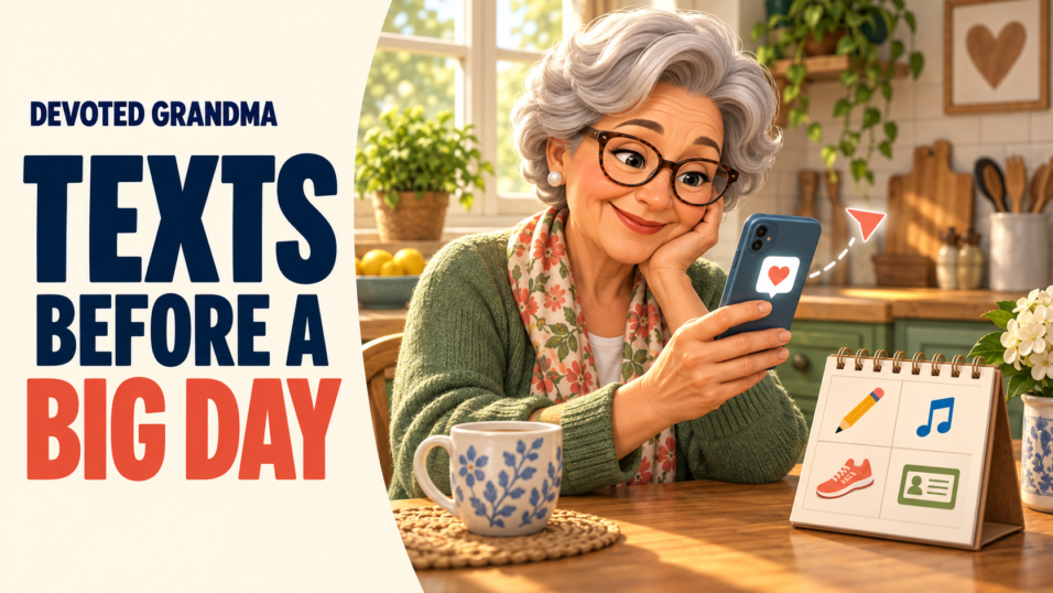 Grandmother thoughtfully preparing a supportive phone message beside a calendar, with the headline “12 Texts Before a Big Day.”