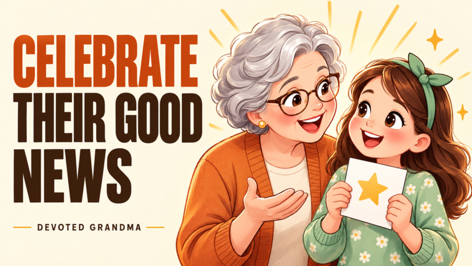 A proud granddaughter shares happy news while her grandmother listens with delighted attention beside the headline “12 Warm Ways to Celebrate.”