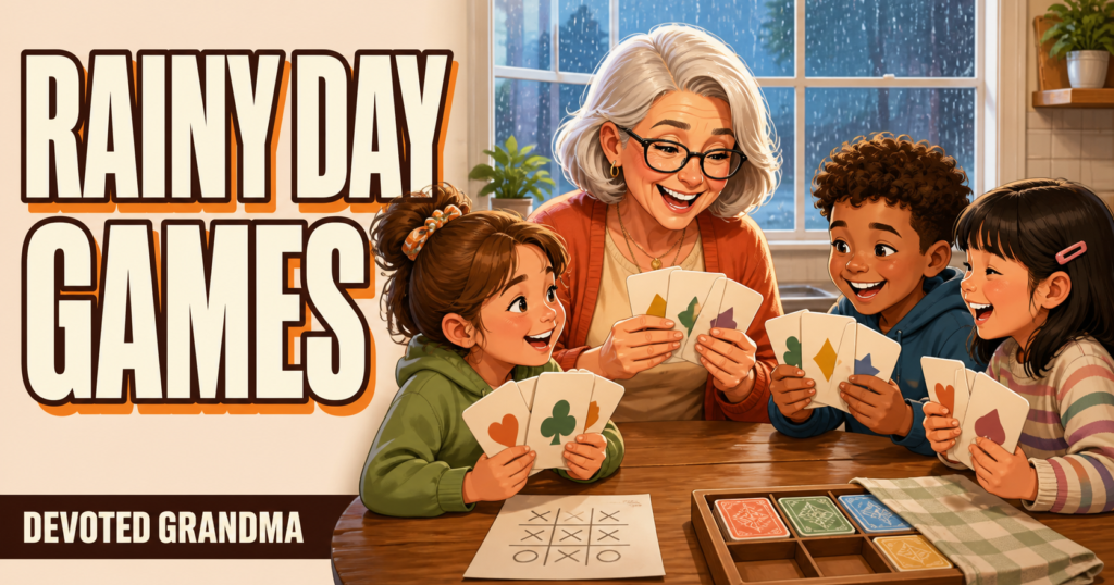 A grandmother and three grandkids play cards at a cozy kitchen table while rain falls outside, beside the headline “Rainy Day Games.”