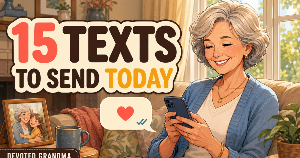 Illustrated grandmother smiles at her phone beside a heart message, with the headline “15 Texts to Send Today” and the Devoted Grandma wordmark.