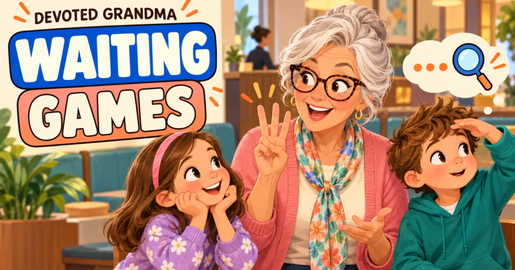 Grandmother gives three clues to two excited grandkids during a restaurant wait beside the headline “17 No-Prep Waiting Games.”