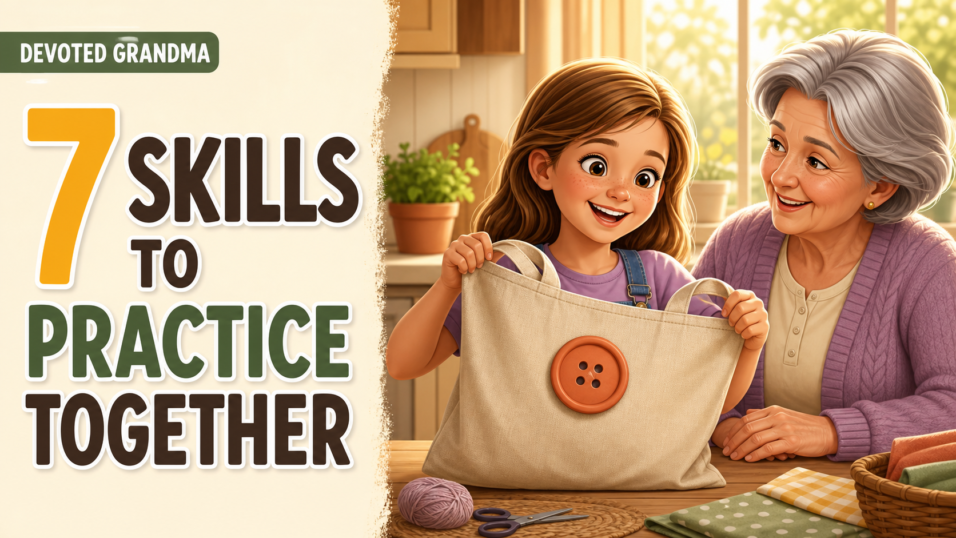 A granddaughter proudly shows a button she attached to a cloth tote while her grandmother smiles encouragingly beside her at a sunny kitchen table; the image is