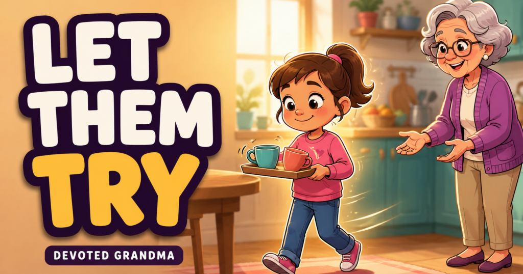 Illustrated grandmother watches encouragingly from one step behind as her grandchild carries a slightly wobbly tray in a warm kitchen, beside the headline “9 W