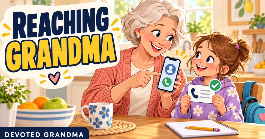 Grandmother and grandchild calmly checking a contact card against a smartphone beneath the headline “Can They Reach You?”