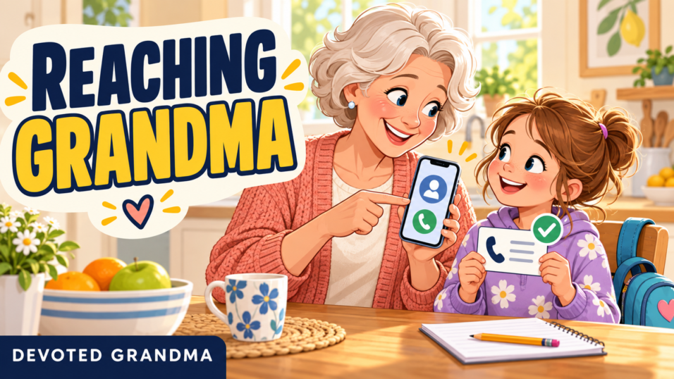 Grandmother and grandchild calmly checking a contact card against a smartphone beneath the headline “Can They Reach You?”