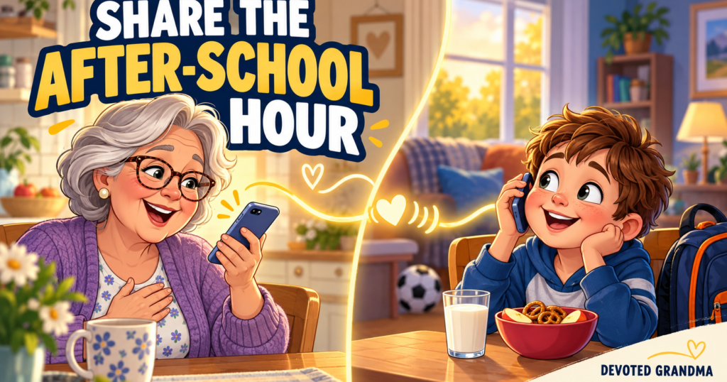 A grandmother records a voice note while her grandchild listens during an after-school snack in a connected split-home illustration.