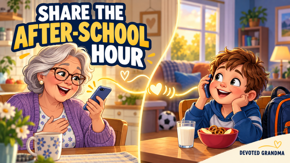 A grandmother records a voice note while her grandchild listens during an after-school snack in a connected split-home illustration.