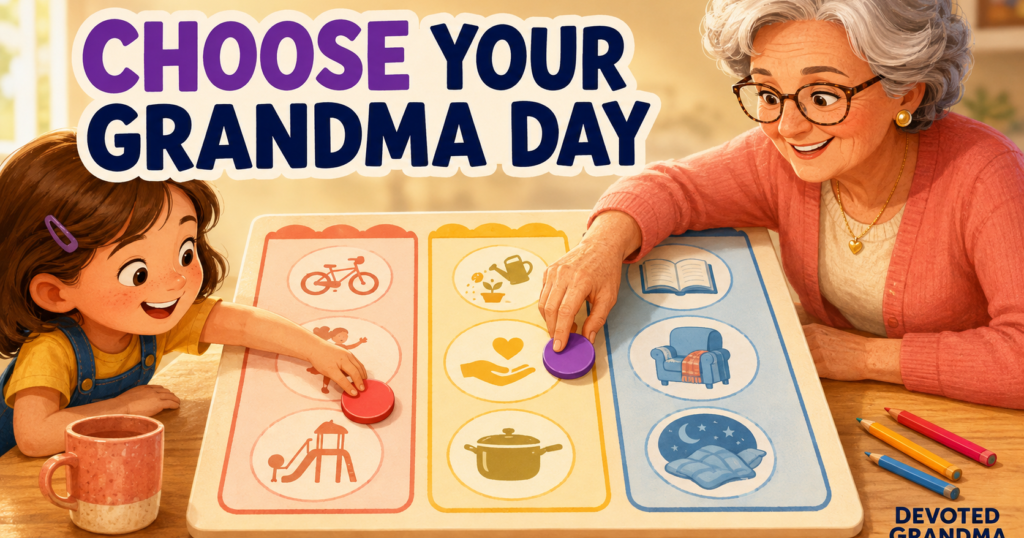 Grandmother and grandchild happily place colorful tokens on a three-part Grandma Day activity menu at a sunny kitchen table.