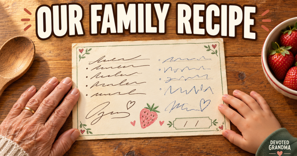 A grandmother’s hand and a child’s hand frame a finished recipe card with two handwriting styles, signatures, a date, and a small strawberry drawing.