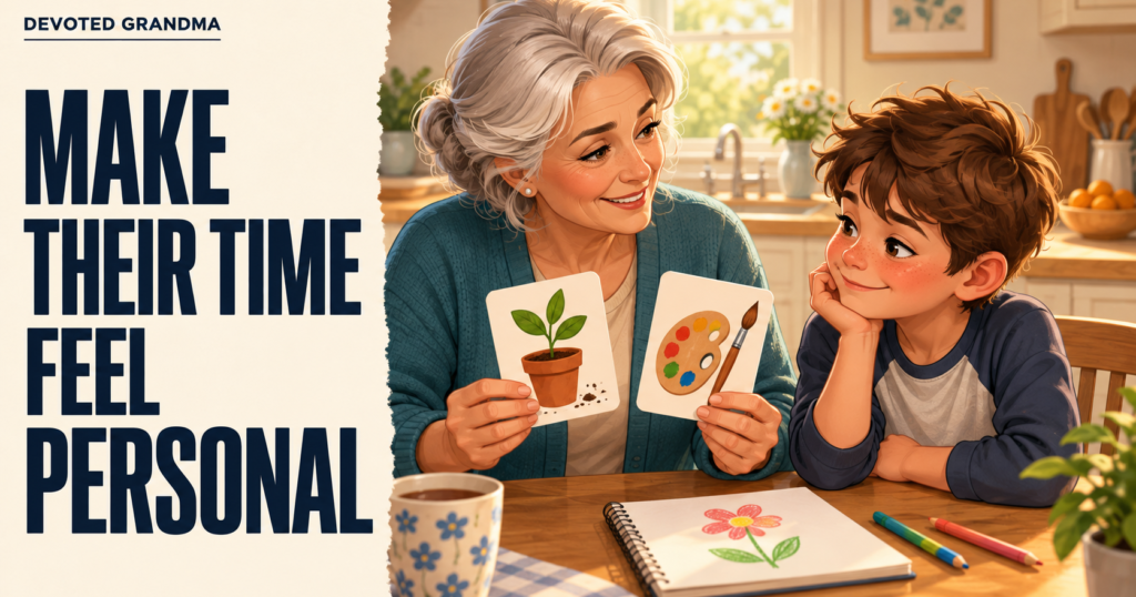 Grandmother offers a grandchild two activity choices at a sunny kitchen table beside a notebook with a flower drawing.