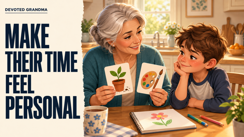 Grandmother offers a grandchild two activity choices at a sunny kitchen table beside a notebook with a flower drawing.