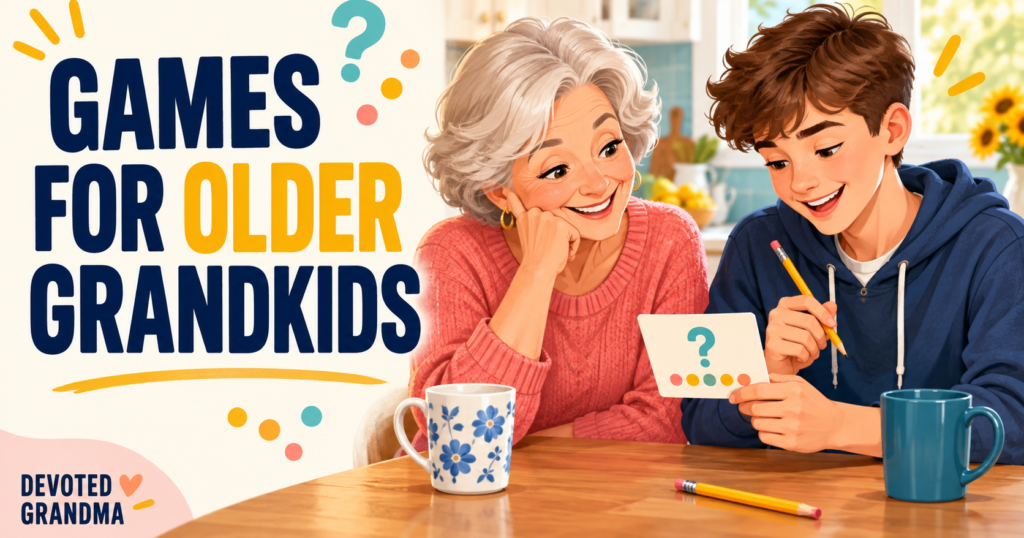 A grandmother and teenage grandchild smile over a quick paper-and-pencil game beside the headline “9 No-Prep Games for Older Grandkids.”