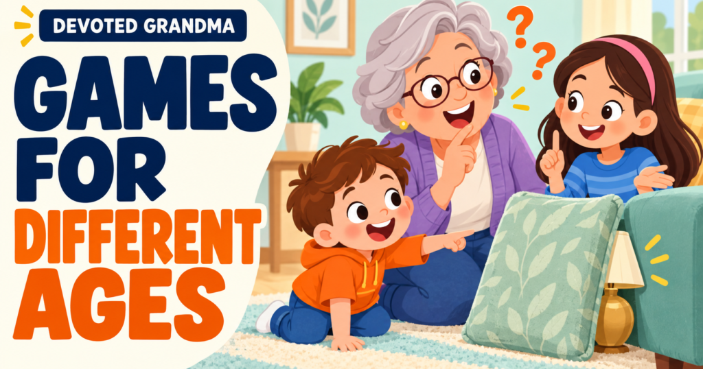 A grandmother and two grandchildren of different ages happily play a mystery-object game beside the headline “Games for Different Ages.”