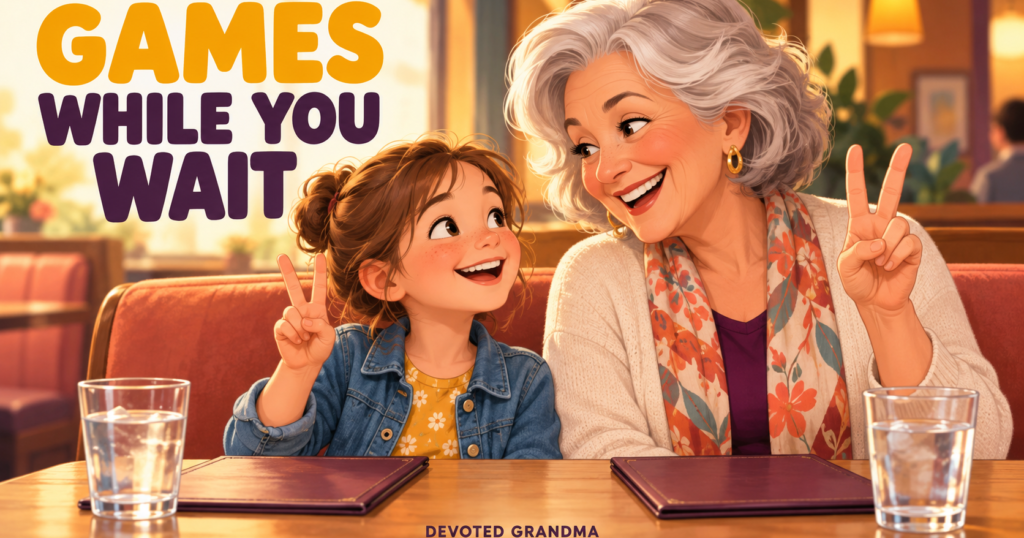 Grandmother and grandchild playing a quiet finger-copy game in a restaurant booth beneath the headline “11 Games While You Wait.”