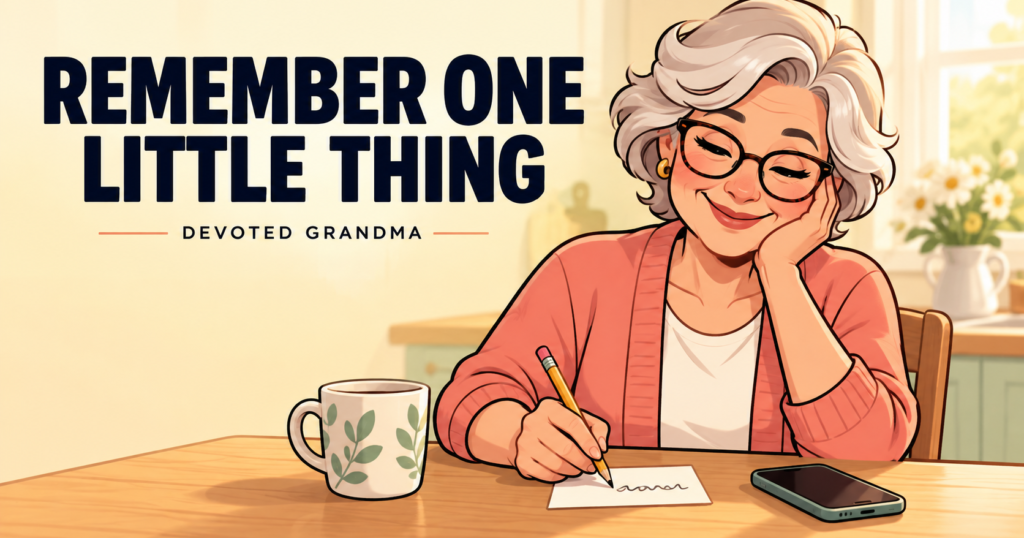 Grandmother writing one short reminder on a card beside her phone, with the headline “REMEMBER ONE LITTLE THING” and the Devoted Grandma wordmark.
