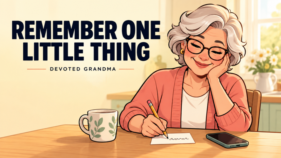 Grandmother writing one short reminder on a card beside her phone, with the headline “REMEMBER ONE LITTLE THING” and the Devoted Grandma wordmark.