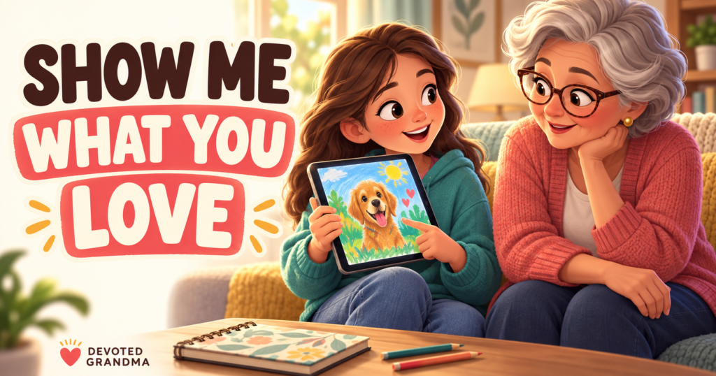 A grandmother watches with warm attention as her older grandchild shows her a colorful digital drawing on a tablet, beside the headline “Show Me What You Love.”