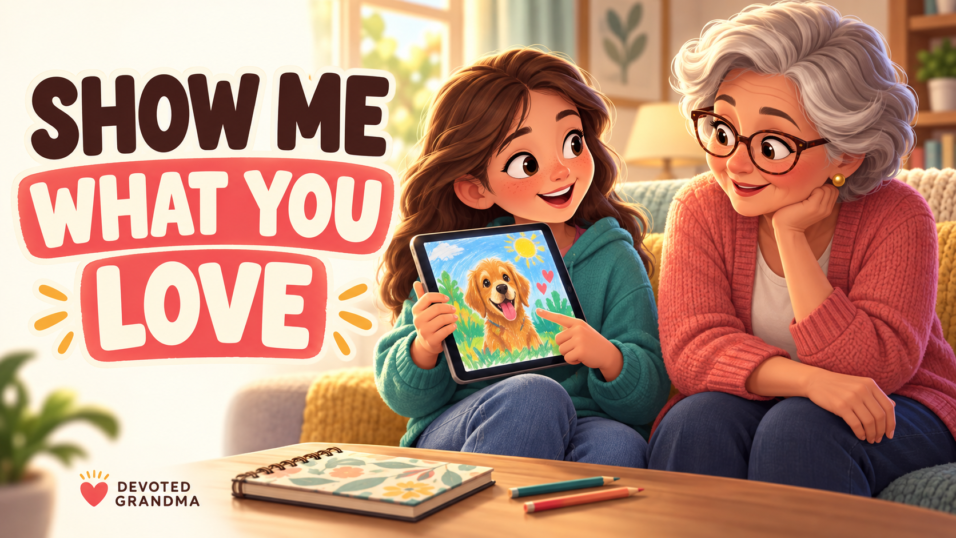 A grandmother watches with warm attention as her older grandchild shows her a colorful digital drawing on a tablet, beside the headline “Show Me What You Love.”