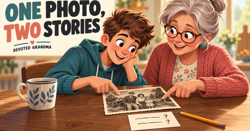 Grandmother and older grandchild point to different details in one family photograph beside a two-question conversation card, under the headline “ONE PHOTO, TWO
