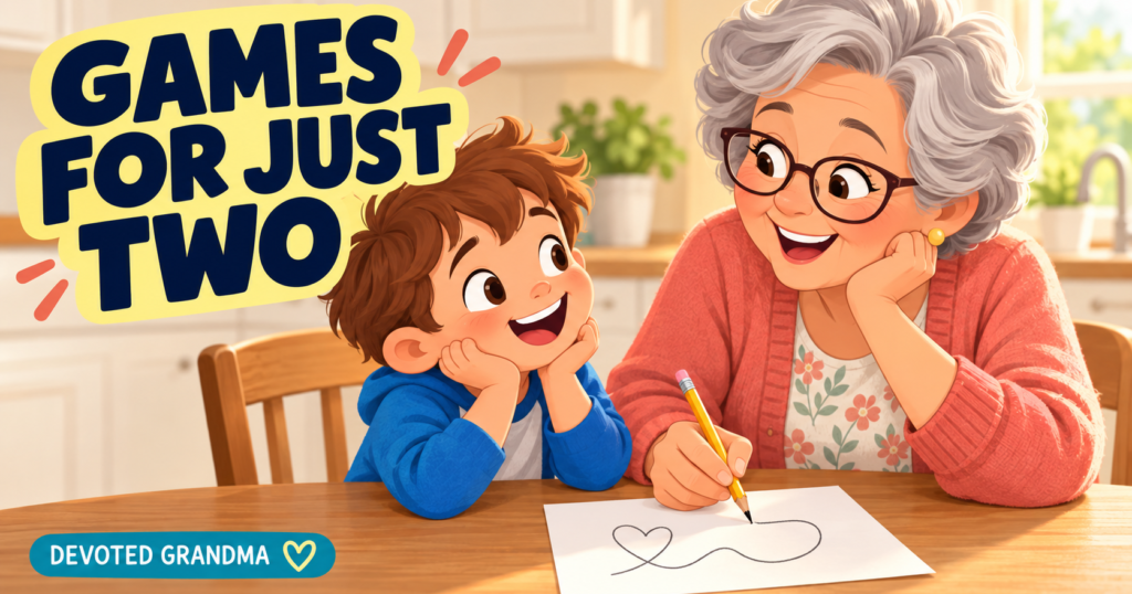 A grandmother and one grandchild smile over a simple pencil-and-paper game at a kitchen table beneath the headline “GAMES FOR JUST TWO.”