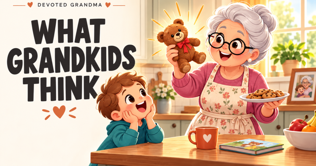 A delighted grandchild looks up at Grandma as she holds a recovered toy and a snack plate in a warm kitchen beneath the headline “What Grandkids Think.”