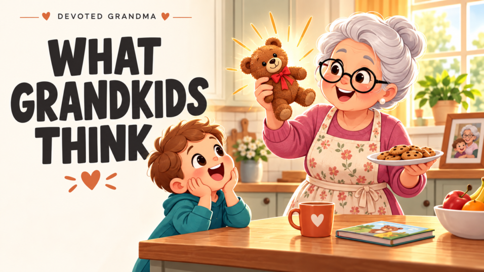 A delighted grandchild looks up at Grandma as she holds a recovered toy and a snack plate in a warm kitchen beneath the headline “What Grandkids Think.”