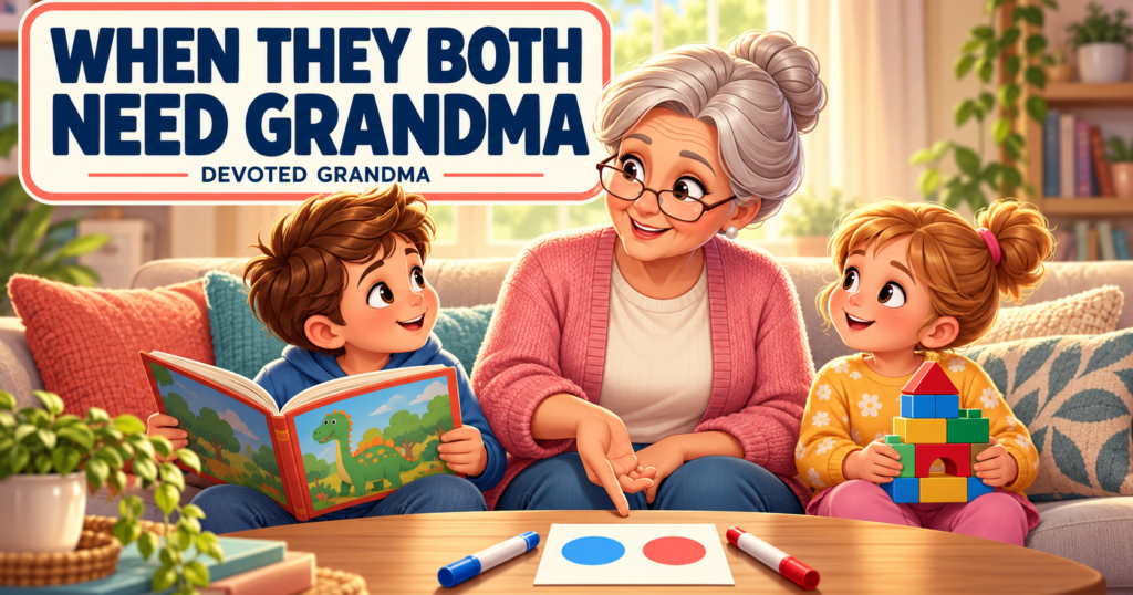 Grandmother calmly shows two grandkids a turn card while one holds a book and the other holds a block creation.