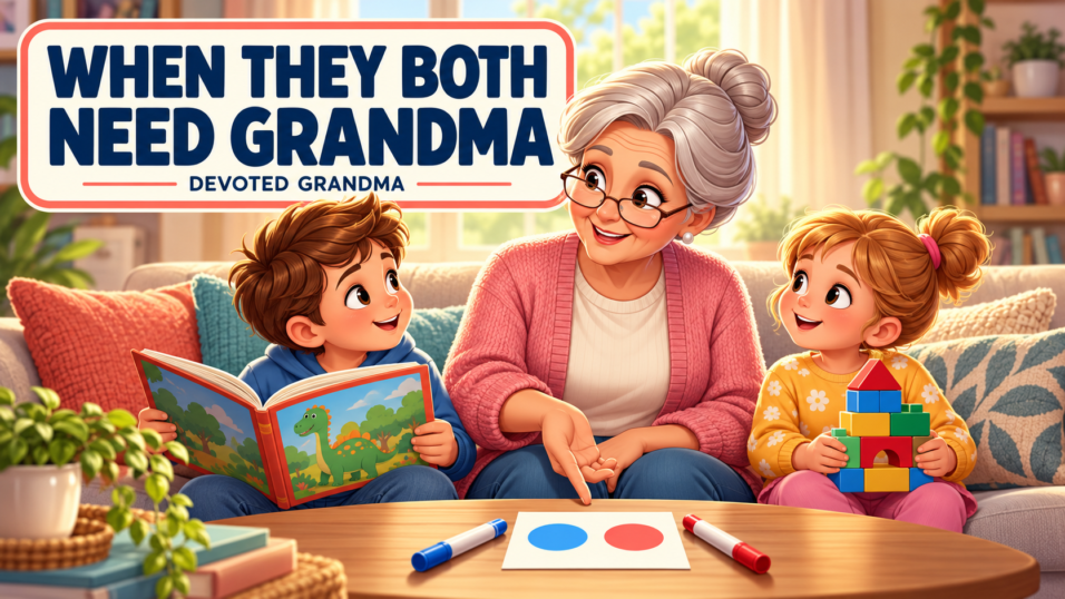 Grandmother calmly shows two grandkids a turn card while one holds a book and the other holds a block creation.