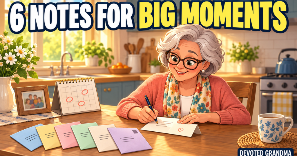 Grandmother writing a card at a sunlit kitchen table beside six envelopes and a calendar with milestone dates, under the headline “6 Notes for Big Moments.”