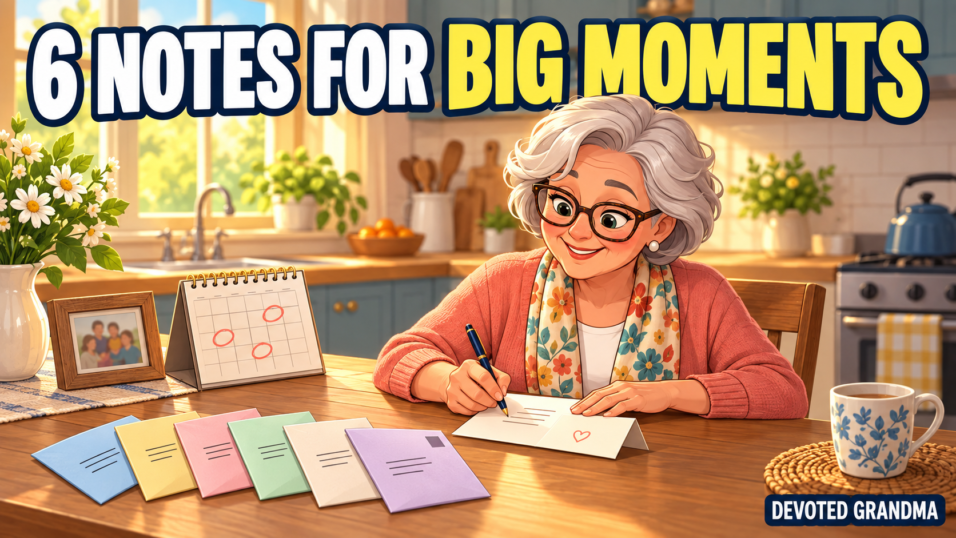 Grandmother writing a card at a sunlit kitchen table beside six envelopes and a calendar with milestone dates, under the headline “6 Notes for Big Moments.”