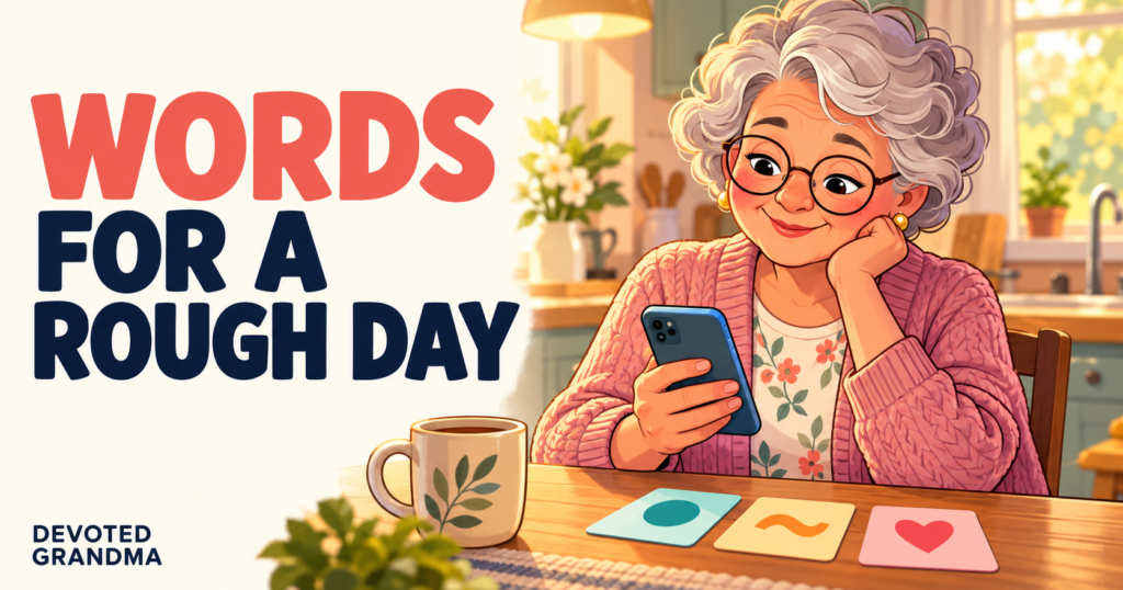 A thoughtful grandmother composes a supportive text at a warmly lit kitchen table beside three simple chooser cards, with the headline “10 Texts for a Rough Day