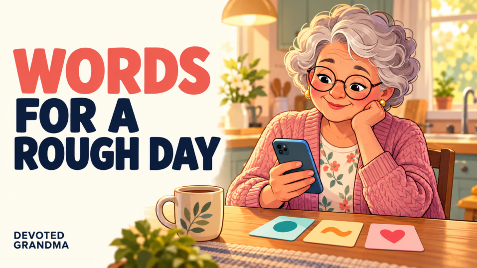 A thoughtful grandmother composes a supportive text at a warmly lit kitchen table beside three simple chooser cards, with the headline “10 Texts for a Rough Day