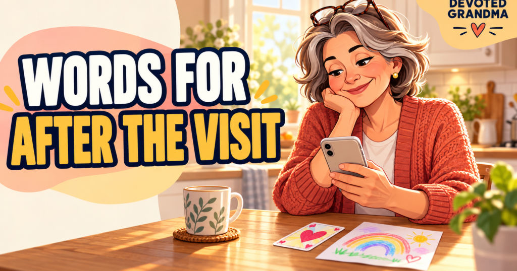 A smiling grandmother writes a phone message at a warm kitchen table beside a game card and child’s doodle, under the headline “WORDS FOR AFTER THE VISIT.”