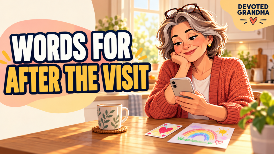 A smiling grandmother writes a phone message at a warm kitchen table beside a game card and child’s doodle, under the headline “WORDS FOR AFTER THE VISIT.”