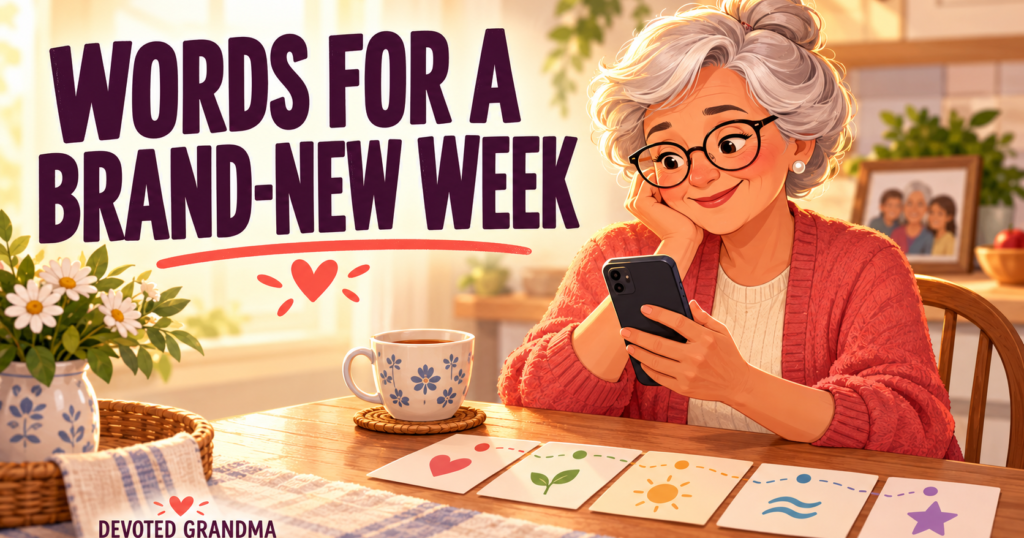 A caring grandmother composes a supportive phone message at a warm kitchen table beside milestone cards, tea, and a family photograph.