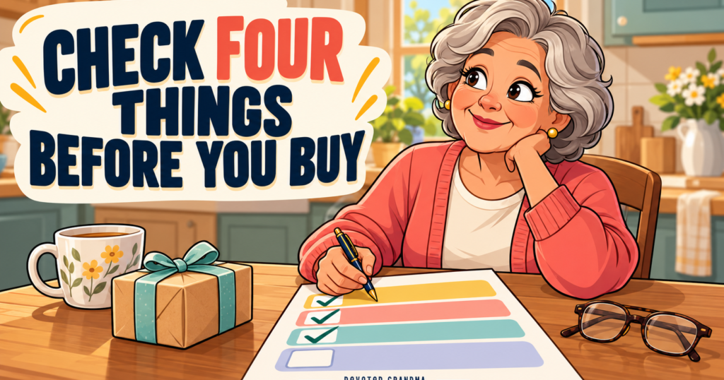 A thoughtful grandmother pauses over a card labeled Parent, Preference, Fit, and Fallback beside a modest wrapped gift; the first three items are checked and F