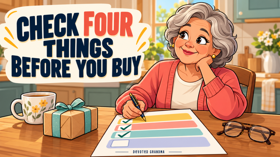 A thoughtful grandmother pauses over a card labeled Parent, Preference, Fit, and Fallback beside a modest wrapped gift; the first three items are checked and F​