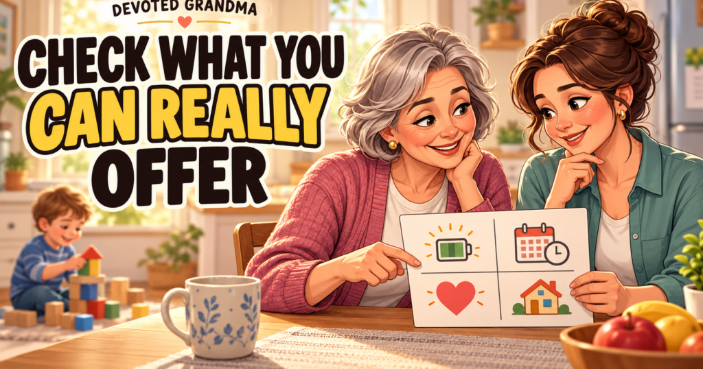 Grandmother and parent calmly review a four-part babysitting capacity card while a child plays nearby.