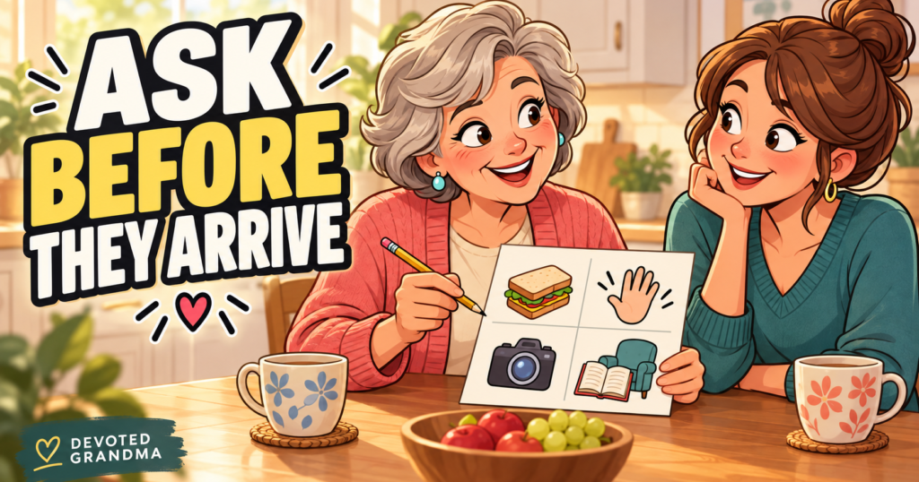 A grandmother and a parent calmly review a simple before-visit preference card together at a warm kitchen table.