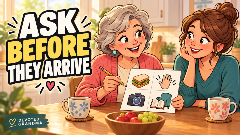A grandmother and a parent calmly review a simple before-visit preference card together at a warm kitchen table.